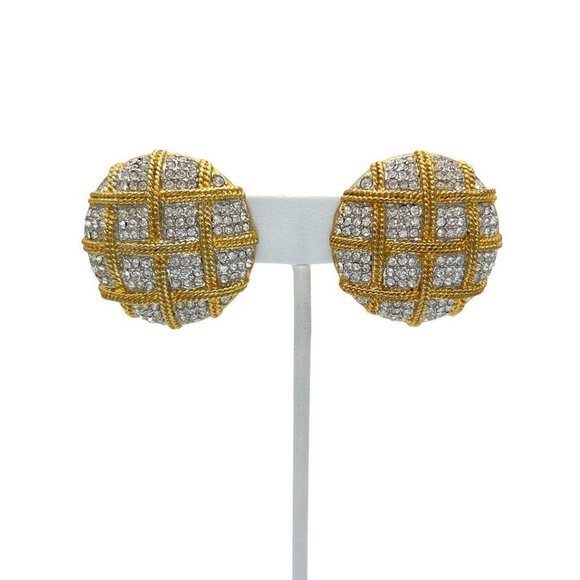 Vintage 80s Gold Rhinestone Pave Weave Dome Button Clip On Statement Earrings - Picture 1 of 9
